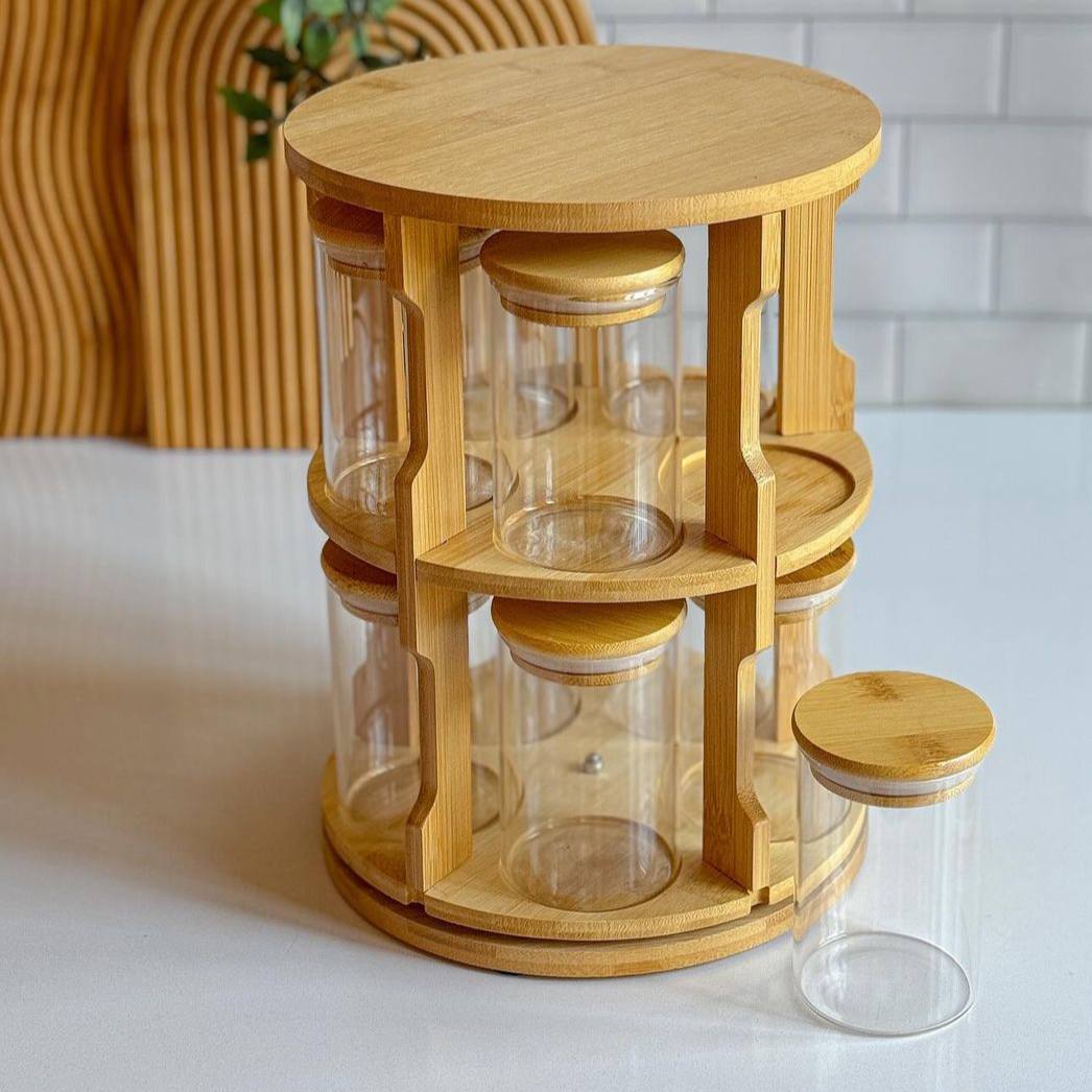 Rotating Spice Set includes a rotating bamboo stand 10 round glass jars with bamboo lids