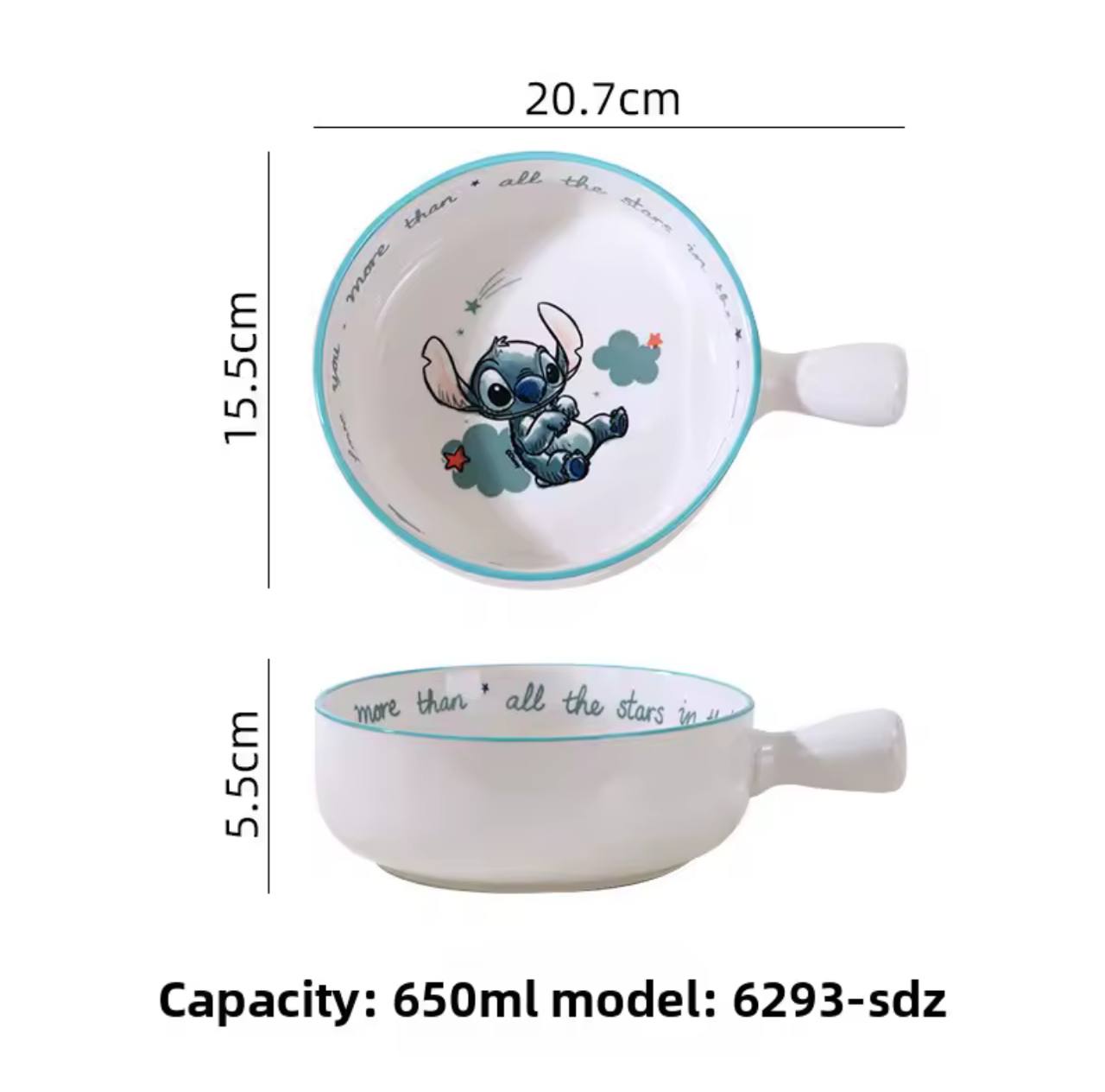 Stitch casserole with a porcelain handle