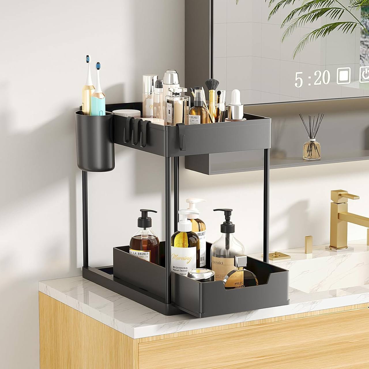Under-sink organizer with metal legs and movable plastic shelves