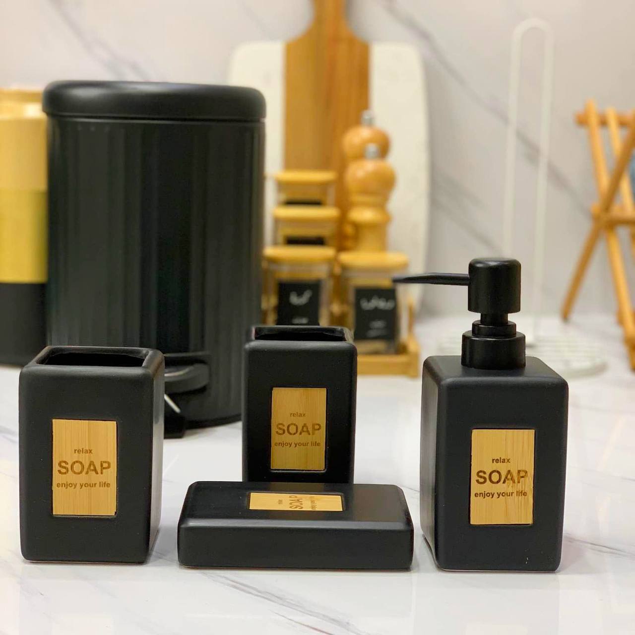 Wooden porcelain bathroom set