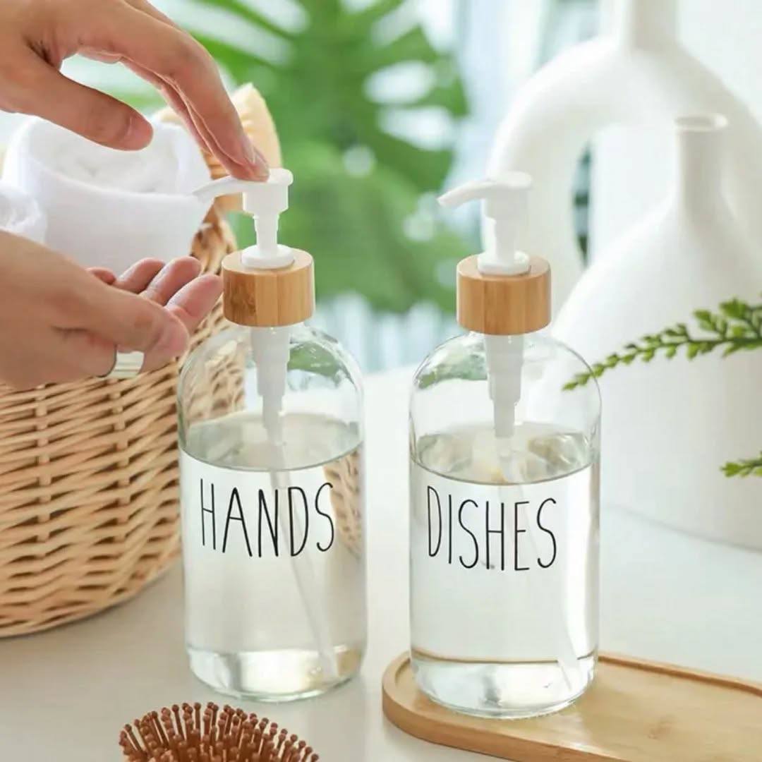 Glass Dispenser Set 2 pieces with wooden holder