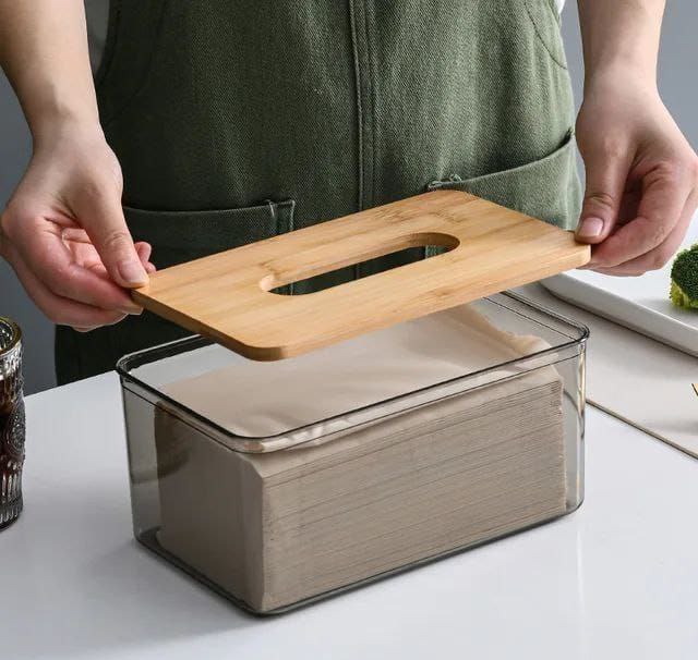 Acrylic tissue box with wooden cover
