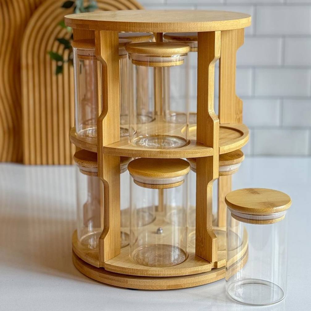 Rotating Spice Set includes a rotating bamboo stand 10 round glass jars with bamboo lids