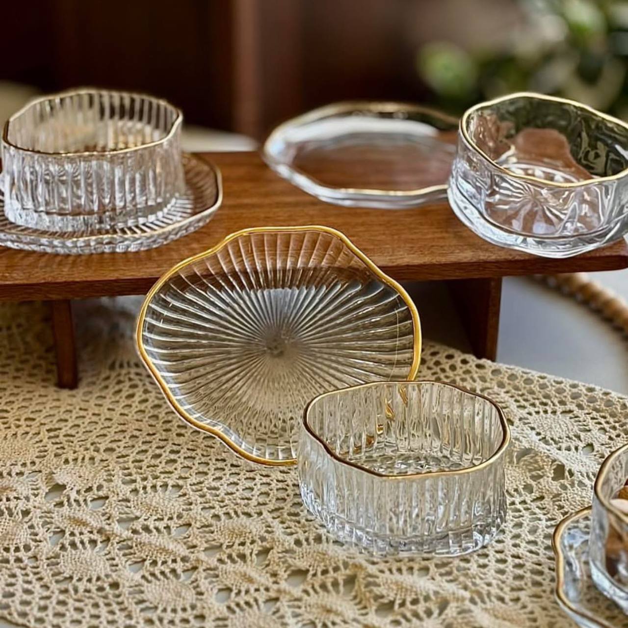 Ribbed Khoshaf Set with Gold Frame 12 pieces