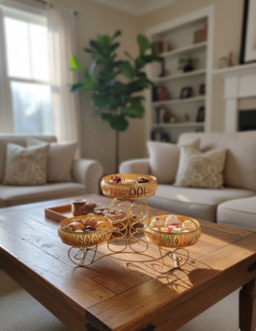 A tiered 3-compartment serving tray