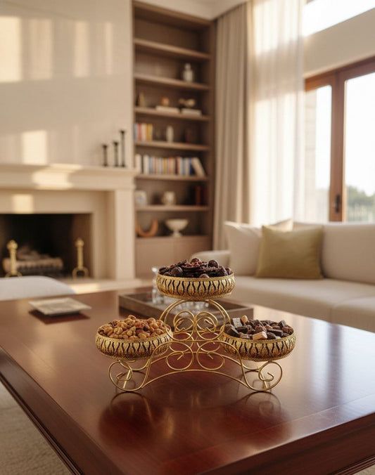 A tiered 3-compartment serving tray