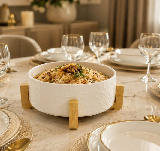 Elegant Ceramic Casserole Dish with Bamboo Wood Stand
