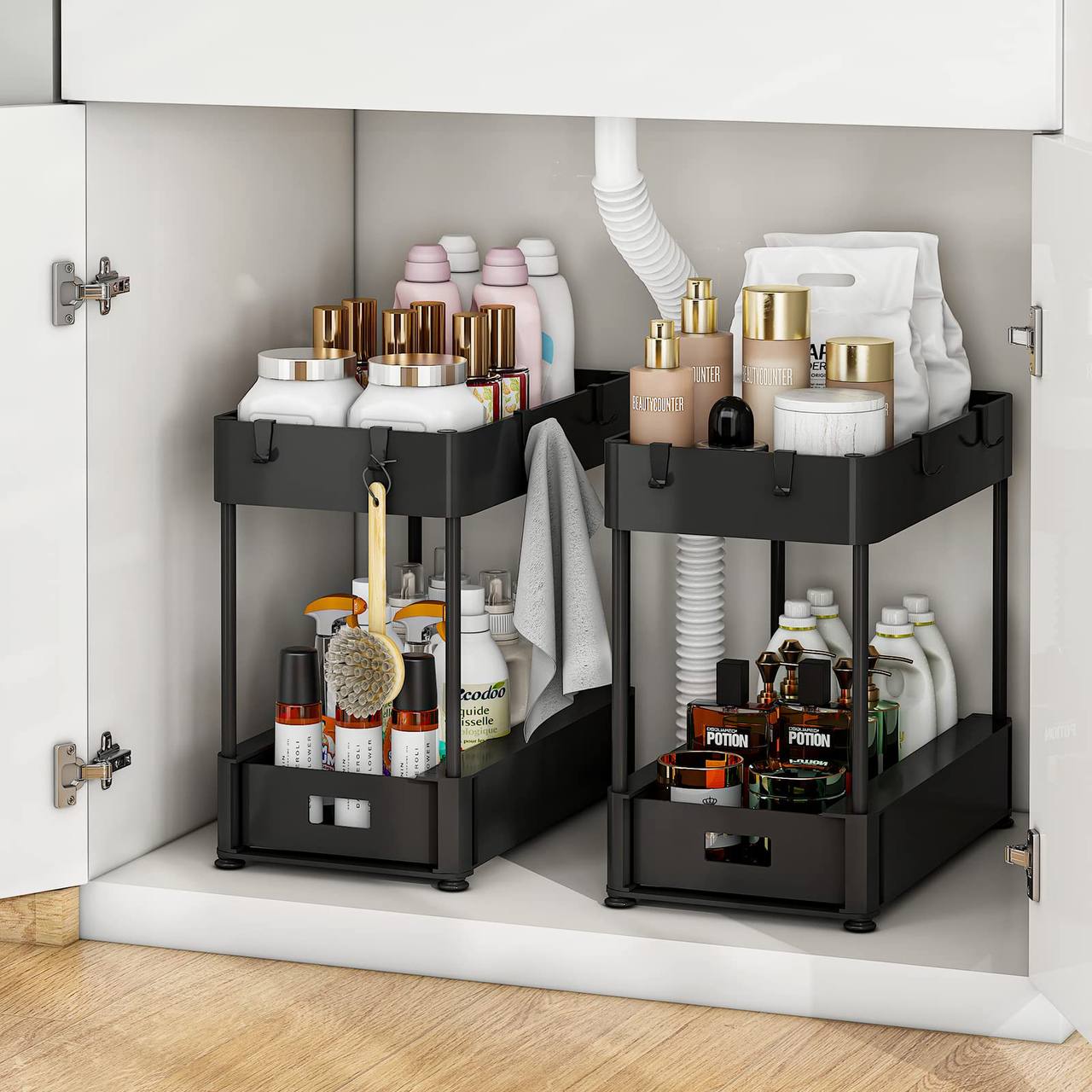 Under-sink organizer with metal legs and movable plastic shelves
