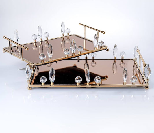 2-piece metal and crystal tray set