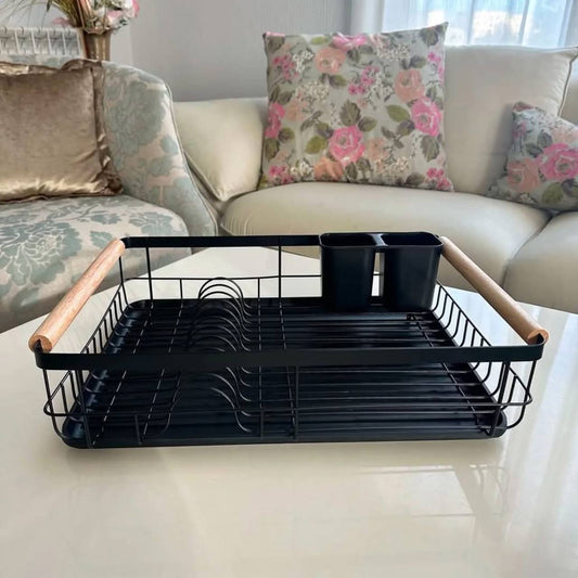 Wooden handle dish drainer