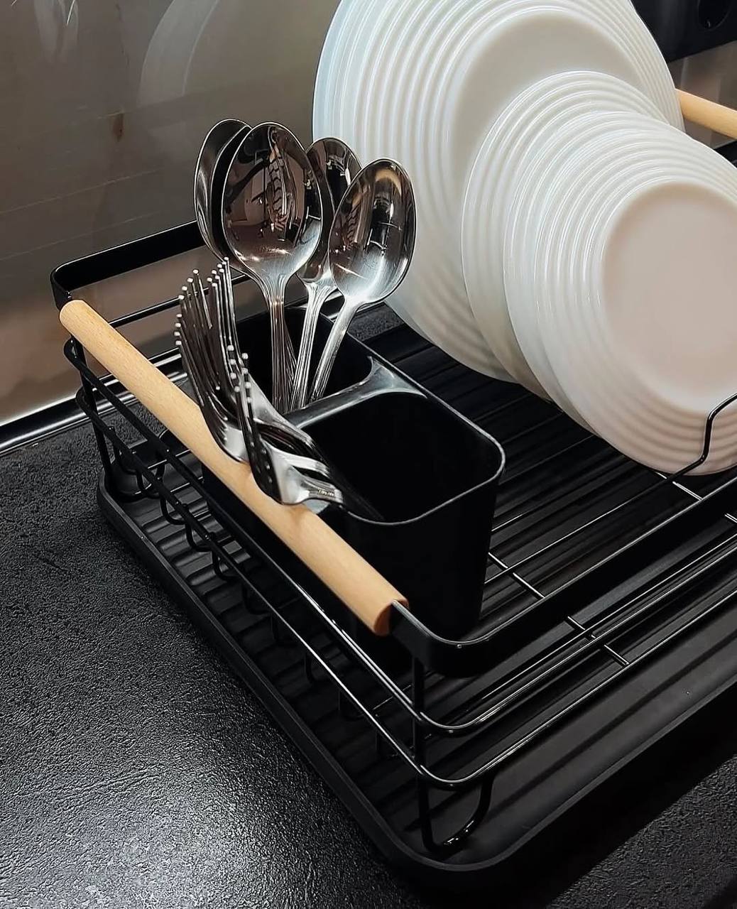 Wooden handle dish drainer