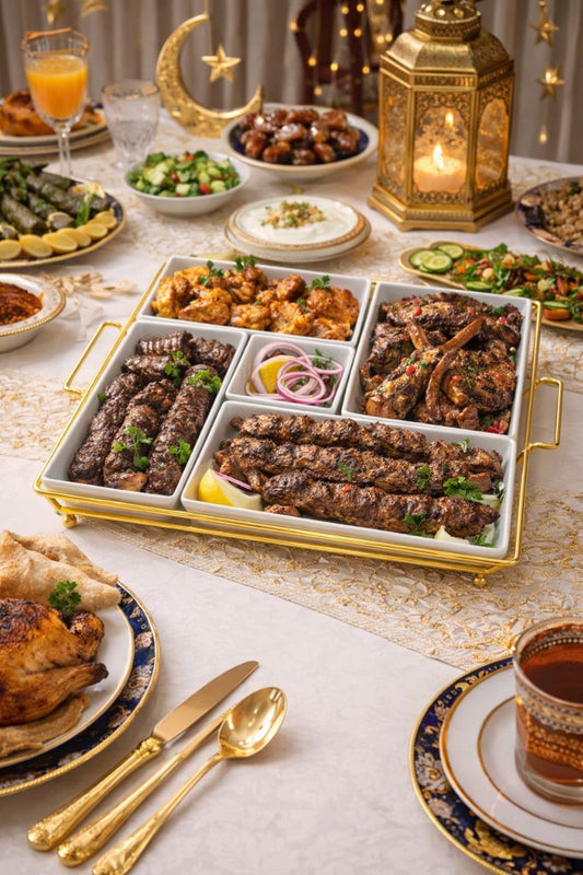 Ceramic serving plate set with a gold stainless steel holder