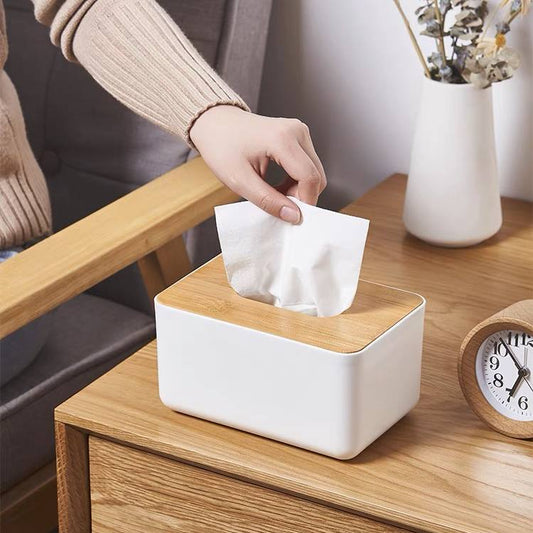 Tissue box with wooden cover