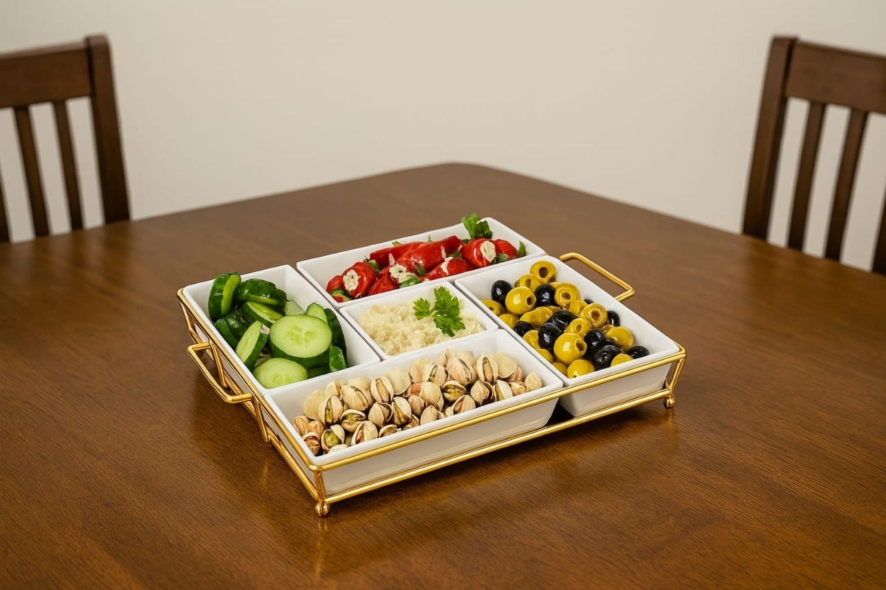 Ceramic serving plate set with a gold stainless steel holder