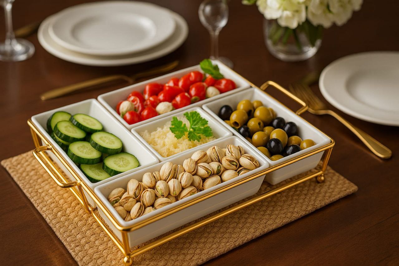 Ceramic serving plate set with a gold stainless steel holder