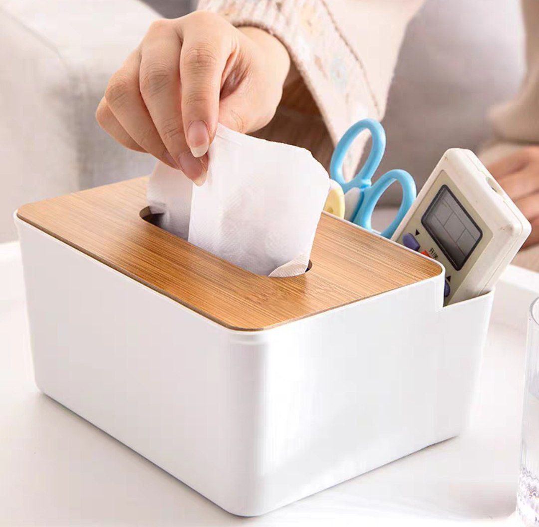 Tissue box with wooden cover