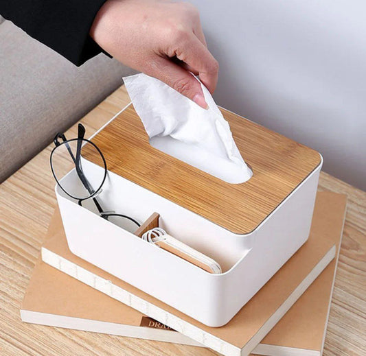 Tissue box with wooden cover
